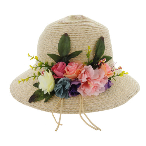 Chic Headwear Braided Straw Hat w/ Floral Garden