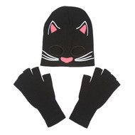 Cat Costume Kit Youth - Cat Half Mask Beanie, Black Fingerless Gloves