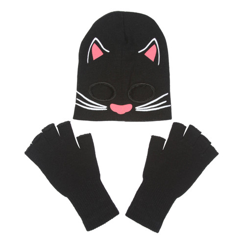 Cat Costume Kit Youth - Cat Half Mask Beanie, Black Fingerless Gloves
