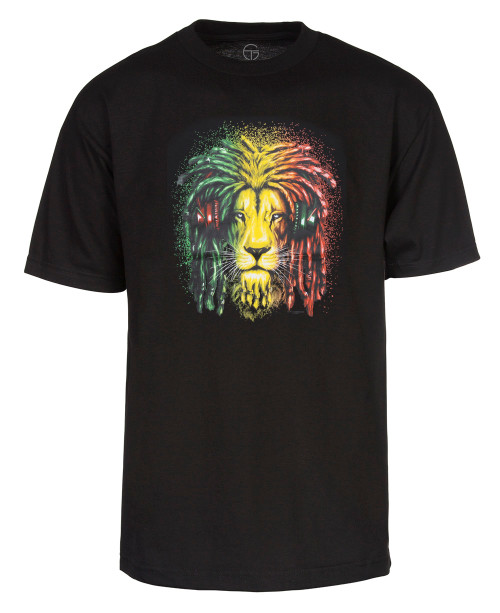 Mens Black Short-Sleeve Rasta Lion w/ Headphones T-Shirt