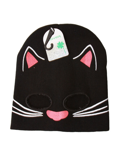 Cute Youth Size Cuffless Cat Mask Beanie with Eye Holes