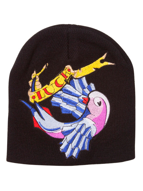 Tattoo Lucky Bird Cuffless Beanie - Black