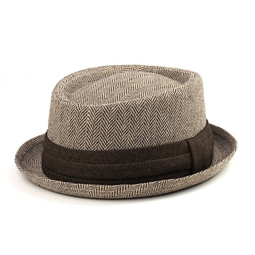 JT WOOL BLEND HERRINGBONE FEDORA HAT - Brown