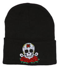 Candy Skull and Roses Black Cuffed Beanie