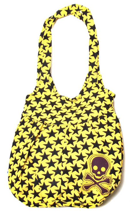 Clover Tote Hobo Sling Style Hand  Bag Yellow with Black Stars and Pirate Skull