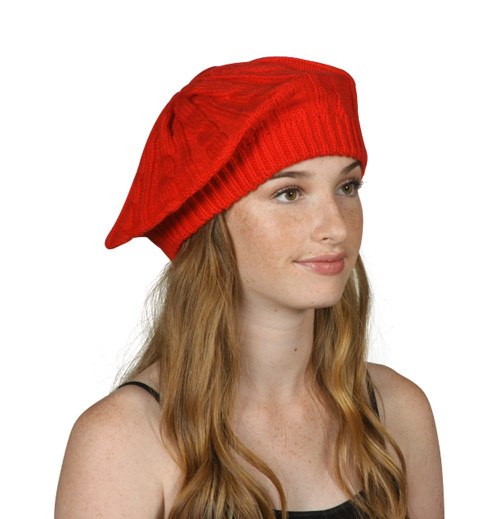 Cable Knit Winter Ski Beret Knit Tam Skull Cap - Red