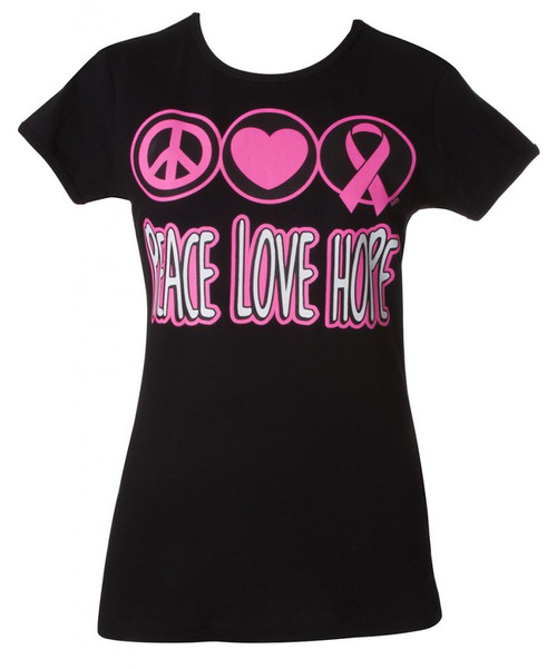 Womens Breast Cancer Awareness "Peace Love Hope" Black T-Shirt