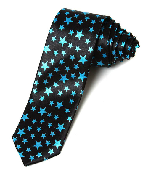 2' Trendy Skinny Tie  - Black with Blue Stars