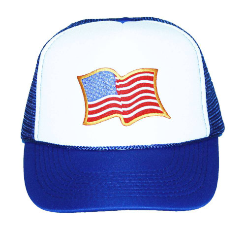Trucker Mesh Vent Snapback Hat, USA Billowing Flag 3D Patch Royal Blue