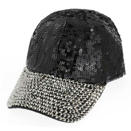 Womens Sequin Fashion Baseball Cap w/ Full Stoned Bill