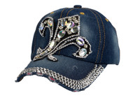 Top Headwear Stone and Gem Fleur-de-lis Distressed Denim Baseball Cap