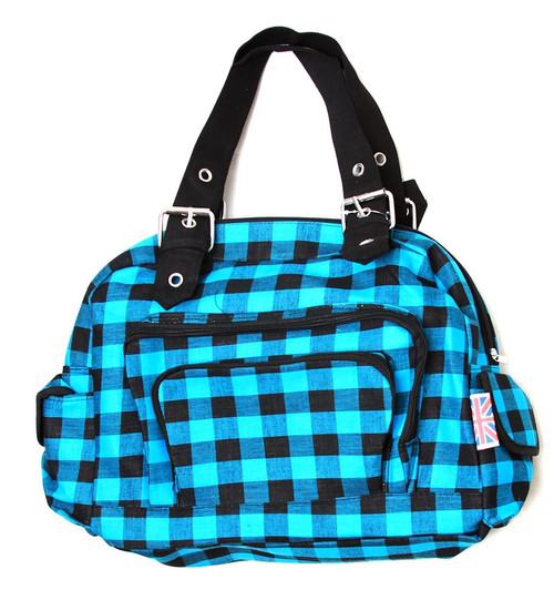 Clover Tote Pockets Style Hand Bag - Checkered Light Blue Black With Britain Flag Tag