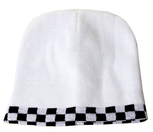 Checker Taxi Rimmed Cuffless Beanie Hat (White)