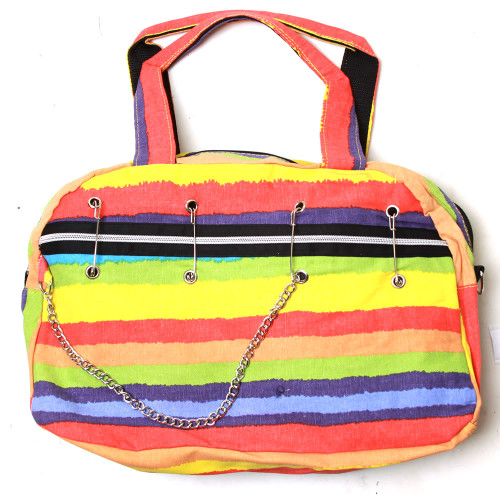 Clover Pinned Gothic Chain Style Hand Bag - Festive Rainbow Colored Striped