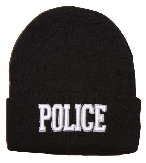 Cuffed Embroidered Police Text Style Beanie - Black
