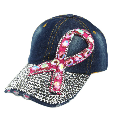 Top Headwear Breast Cancer Awareness Pink Ribbon Studded Baseball Cap