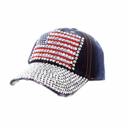 Womens Flag Patched Distressed Denim Baseball Cap