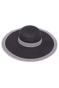 Womens Wide Brim Straw Floppy Sun Hat w/ Houndstooth Band