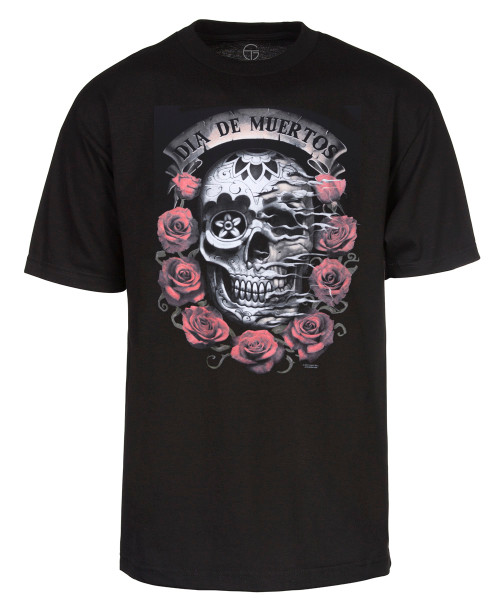 Men's "Dia De Muertos"  Skull with Roses T-Shirt - Black