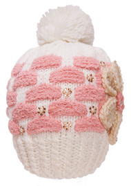 Womens Knitted Beanie w/ Pom - Chekerboard w/ Flower
