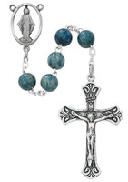 (R631F) 7MM BLUE WOOD ROSARY, BOXED