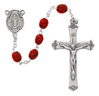 (P376R) RED LADY BUG SILVER OX ROSARY