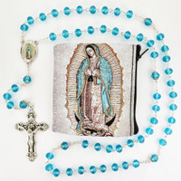 (P399RP) AQUA GUADALUPE ROSARY & POUCH