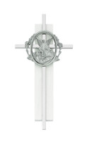 (73-61) 6" SILVER CROSS ON WHITE WOOD