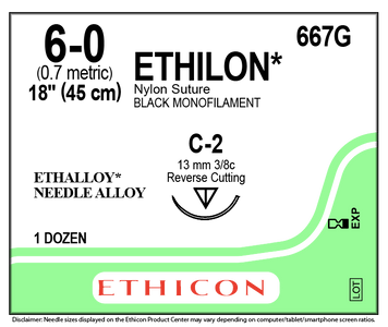 Ethicon ETHILON Suture 667G Size 6-0 18" C-2 Reverse Cutting