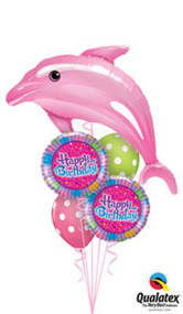 1 - Pink Dolphin Foil
1 - 18" Happy Birthday Foil 
2 - 11" Polka Dot Latex 
Balloon Weight 
Message Card 