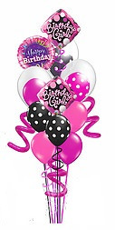 2 - 18" Birthday Diva Diamond Foil
1 - 18" Happy Birthday Foil
2 - 11" Polka Dot Latex 
3 - 11" Solid Latex 
2 - 16" Double stuffed Latex 
3 - Curly Q's
Balloon Weight
Message Card