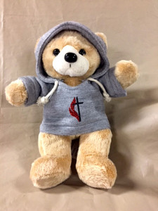 Hoodie Bear with Glitter Vinyl Cross and Flame Emblem