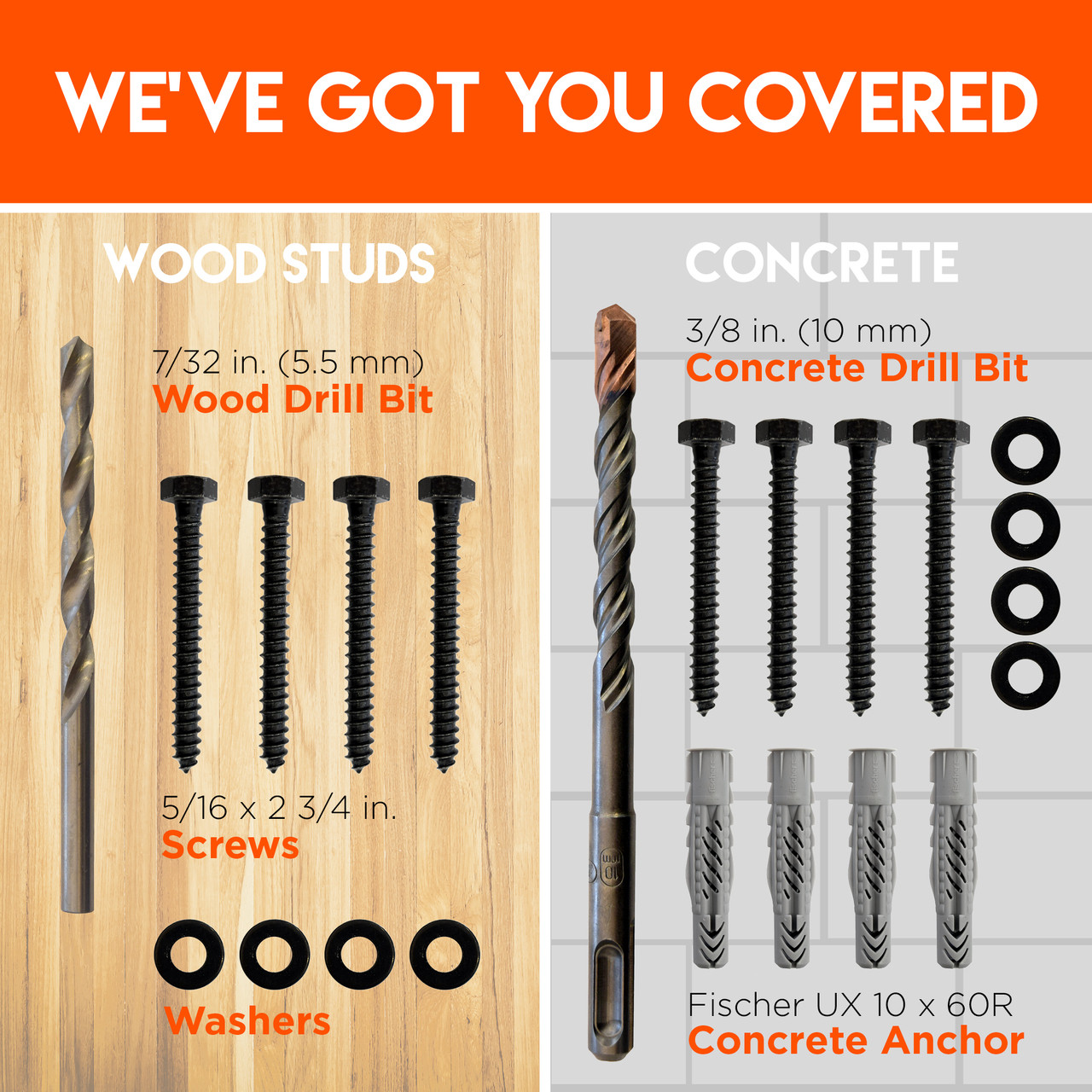 Includes Heavy Duty Bolts Fischer Concrete Anchors and 2 Drill Bits Lag Bolt Kit for Mounting A TV Into Wood Or Concrete