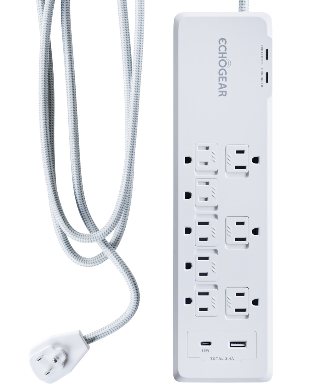 ECHOGEAR Surge Protector Power Strip With USB-A & USB-C Ports - Low Profile Design With Braided 6' Cord, Flat Plug 2160 Joules Of Multi Outlet Surge Protection