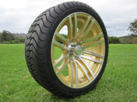15" INNOVA DRIVER GOLF CAR TIRE 205/35R15 AND WHEEL AR528 ELEGANCE ASSEMBLY -25MM OFFSET 4 HOLES MACHINED GOLD