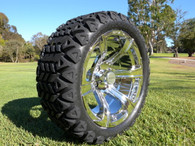 Radial 23x10.5R15 Innova Edge lifted golf car tire mounted on AR688 chrome wheel. 
