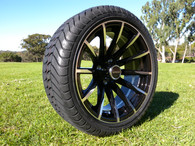 14" INNOVA DRIVER GOLF CAR TIRE 205/40R14 AND WHEEL AR718 SABRE ASSEMBLY -25MM OFFSET 4 HOLES MACHINED BLACK
