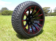 14" INNOVA DRIVER GOLF CAR TIRE 205/40R14 AND WHEEL AR718 SABRE ASSEMBLY -25MM OFFSET 4 HOLES BLACK/RED