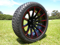 15" INNOVA DRIVER GOLF CAR TIRE 205/35R15 AND WHEEL AR718 SABRE ASSEMBLY -25MM OFFSET 4 HOLES BLACK/RED