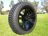 14" INNOVA DRIVER GOLF CAR TIRE 205/40R14 AND WHEEL AR588 ELITE GLOSS BLACK ASSEMBLY -25MM OFFSET 4 HOLES 