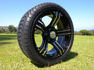 15" INNOVA DRIVER GOLF CAR TIRE 205/35R15 AND WHEEL AR658 KNIGHT MACHINED BLACK WITH RIVETS ASSEMBLY -25MM OFFSET 4 HOLES 