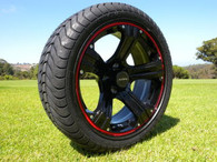 15" INNOVA DRIVER GOLF CAR TIRE 205/35R15 AND WHEEL AR658 KNIGHT GLOSS BLACK WITH RED LIP ASSEMBLY -25MM OFFSET 4 HOLES 