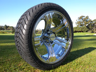 15" INNOVA DRIVER GOLF CAR TIRE 205/35R15 AND WHEEL AR658 KNIGHT CHROME ASSEMBLY -25MM OFFSET 4 HOLES 