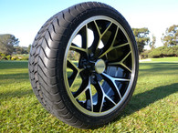 15" INNOVA DRIVER GOLF CAR TIRE 205/35R15 AND WHEEL AR738 CORAL MACHINED BLACK ASSEMBLY -25MM OFFSET 4 HOLES 