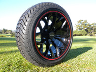 14" INNOVA DRIVER GOLF CAR TIRE 205/40R14 AND WHEEL AR738 CORAL GLOSS BLACK WITH RED LIP ASSEMBLY -25MM OFFSET 4 HOLES 