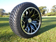 12" INNOVA DRIVER GOLF CAR TIRE 215/35-12 AND WHEEL AR738 CORAL MACHINED BLACK ASSEMBLY -25MM OFFSET 4 HOLES 
