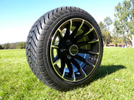 12" INNOVA DRIVER GOLF CAR TIRE 215/35-12 AND WHEEL AR718 SABRE MACHINED BLACK ASSEMBLY -25MM OFFSET 4 HOLES 