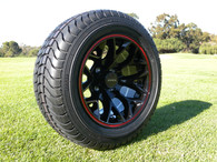 12" INNOVA DRIVER GOLF CAR TIRE 215/50-12 AND WHEEL AR738 GLOSS BLACK/RED LIP ASSEMBLY -25MM OFFSET 4 HOLES 
