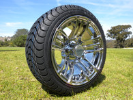 12" INNOVA DRIVER GOLF CAR TIRE 215/35-12 AND WHEEL AR138 CHROME ASSEMBLY -25MM OFFSET 4 HOLES 