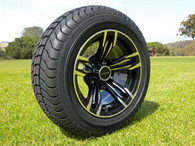 12" INNOVA DRIVER GOLF CAR TIRE 215/50-12 AND WHEEL AR588 MACHINED BLACK ASSEMBLY -25MM OFFSET 4 HOLES 